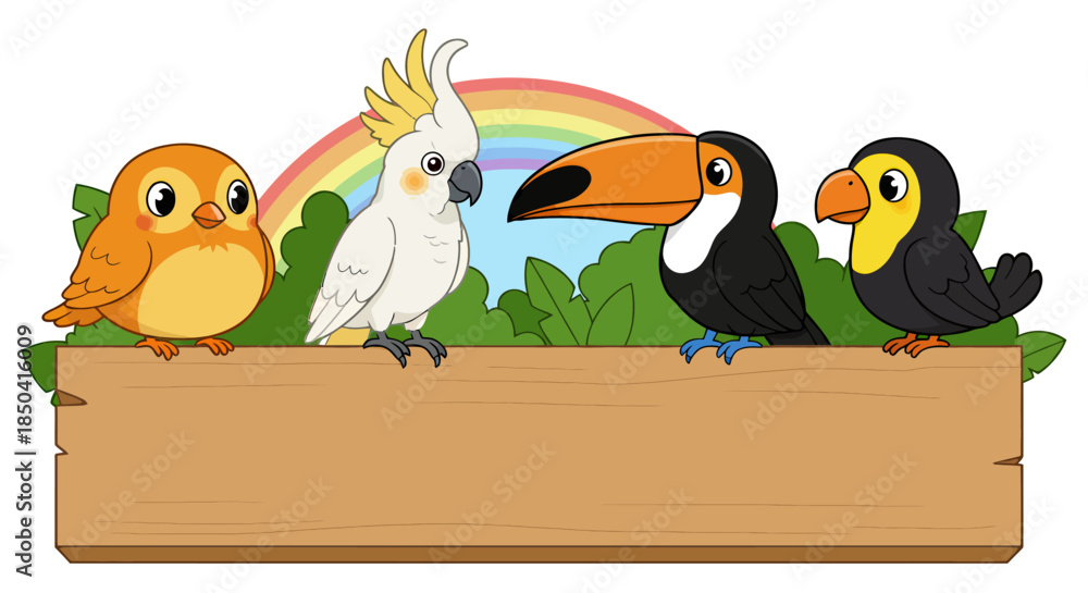 Obraz premium A charming vector illustration features a group of colorful cartoon tropical birds perched on a blank wooden sign with a rainbow backdrop, perfect for custom text.