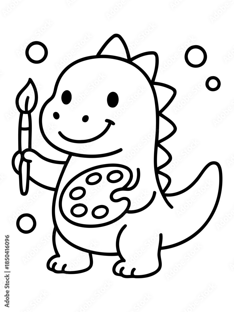 Fototapeta premium Cute Dinosaur Artist: A friendly dinosaur with a paint palette and brush, ready to unleash creativity and artistic flair in a fun illustration