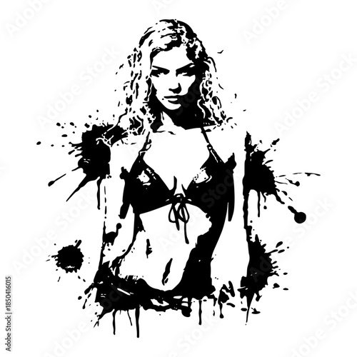 Young woman in bikini swimsuit depicted in black ink grunge style