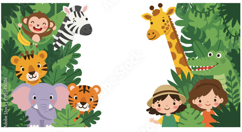 A vibrant vector illustration depicts a lush jungle scene with smiling cartoon animals and two young explorers, creating a playful and inviting composition.