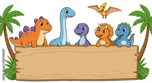 This charming vector illustration features a playful collection of cute cartoon dinosaurs peeking over a blank wooden sign, surrounded by tropical palm trees.