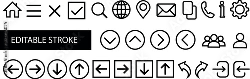 A set of black vector interface and navigation icons for web design and apps on a transparent background.