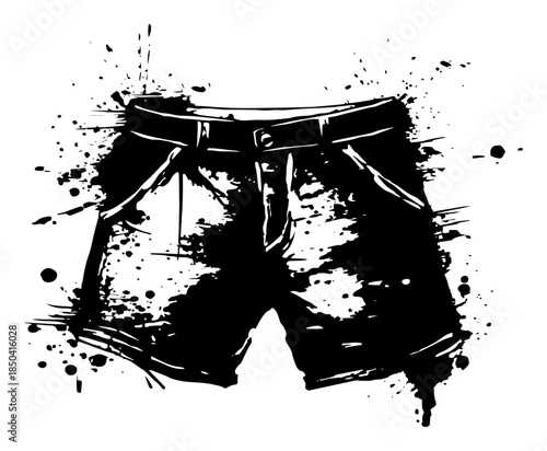 Black grunge denim shorts illustration with messy ink splatters