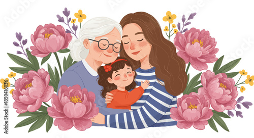 A heartwarming vector illustration depicts three generations of women—grandmother, mother, and child—embracing amidst a vibrant floral arrangement, celebrating family.