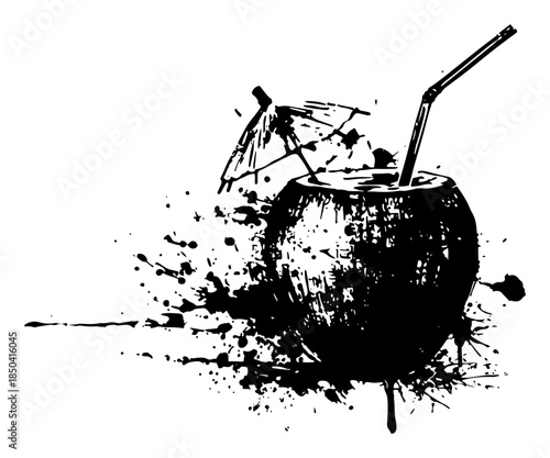 Tropical coconut cocktail with straw and umbrella grunge illustration