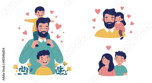A heartwarming vector illustration celebrating Father's Day, featuring a loving father with his children, surrounded by hearts, symbolizing family love and joy in a cheerful environment.