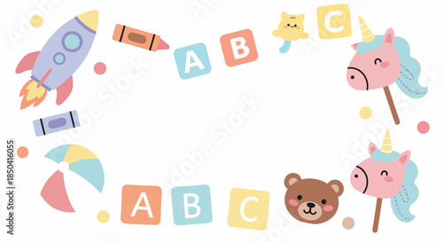 A whimsical vector illustration celebrating happy children’s day with playful elements like a rocket, unicorn, and alphabet blocks creating a joyful frame.