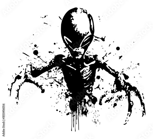 Scary alien creature with claws in black grunge ink style