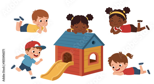 Diverse happy children are joyfully playing around a colorful cartoon playhouse with a slide, celebrating childhood and fun activities.
