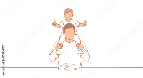 A heartwarming vector illustration depicts a father carrying his son on his shoulders, celebrating the joy of children's day with a thumbs-up gesture against a clean, white background.