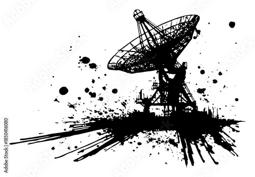 Large satellite dish antenna silhouette with grunge ink splatters