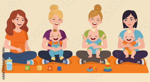 A vibrant vector illustration depicts a group of smiling mothers sitting cross-legged on a mat, each lovingly holding their baby, celebrating happy children's day.