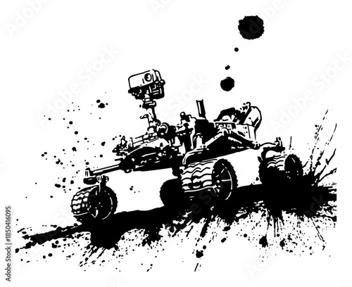 Space exploration rover vehicle silhouette with grunge ink texture
