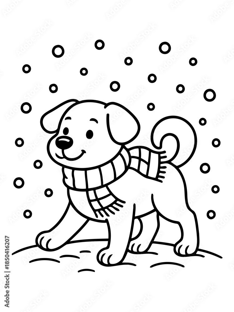 Obraz premium Winter Pup in the Snow: A cheerful puppy, adorned with a cozy scarf, frolics in the falling snow, embodying the simple joys of a winter day.