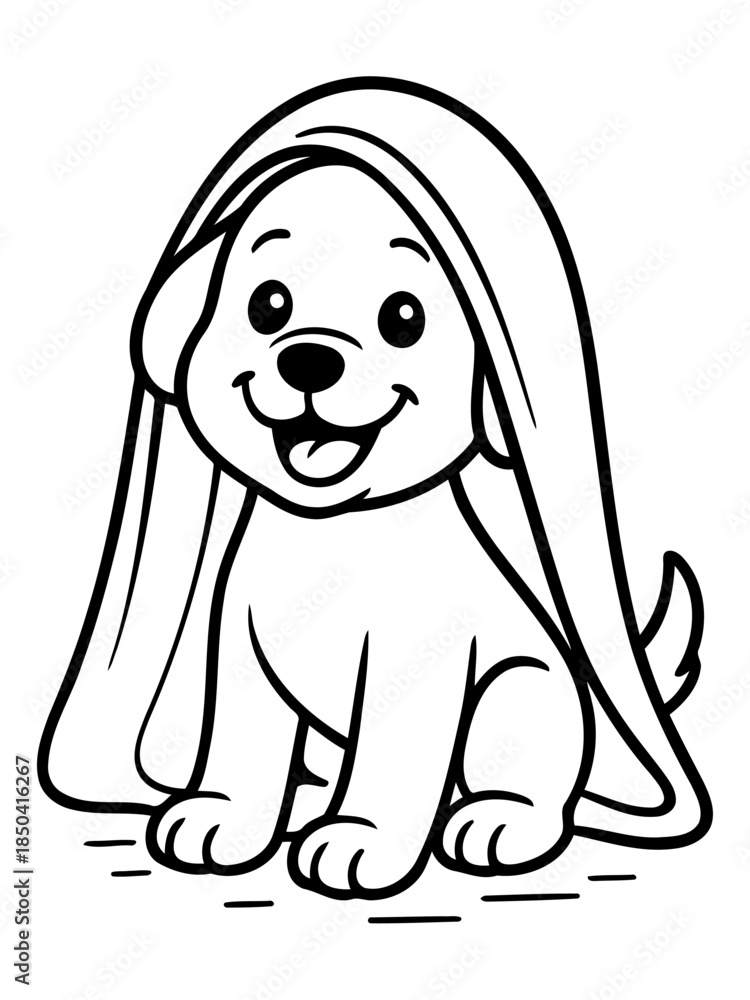 Obraz premium Warm Pup Under a Blanket: A cheerful, line art portrayal of a puppy, snuggled cozily beneath a blanket, radiating comfort and joy. It is a simplistic design with a minimalist aesthetic.