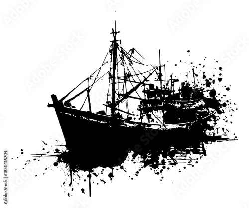 Fishing boat silhouette on water with black grunge splashes