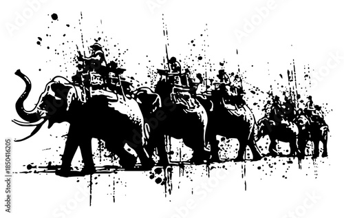 Row of walking elephants silhouette with grunge ink texture