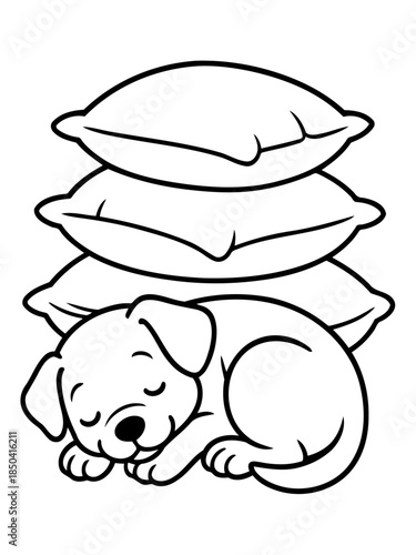 Sweet Slumber: An endearing puppy enjoys a cozy nap atop a stack of soft, fluffy pillows, symbolizing peace and rest.