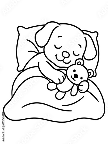 Dreaming Pup's Slumber: A sweet illustration of a cuddly puppy, nestled in a cozy bed, clutching a teddy bear in peaceful repose. Illustrating tranquility and innocence.