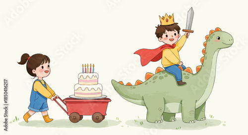 A cheerful vector illustration depicts a happy boy riding a playful dinosaur while a girl pulls a wagon with a birthday cake, celebrating childhood imagination.