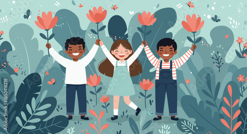 A vibrant vector illustration depicts three diverse, joyful children holding hands and colorful flowers amidst a lush, stylized garden, celebrating childhood and friendship.