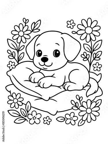 Sweet Puppy Resting in Floral Garden: This image unveils a cute puppy resting peacefully on a pillow surrounded by the charm of flowers, embodying serenity and sweetness.