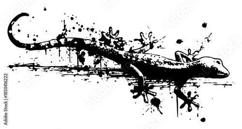 Abstract black gecko lizard silhouette with grunge ink splatters