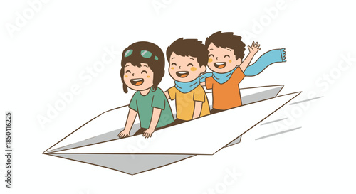 Three happy children are joyfully riding a large paper airplane, depicted in a charming vector illustration, celebrating childhood and imagination.