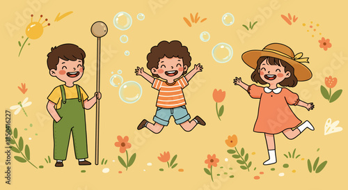 A vibrant vector illustration captures the joy of children celebrating a happy children's day, featuring playful kids, bubbles, and a cheerful atmosphere, perfect for educational and festive designs.