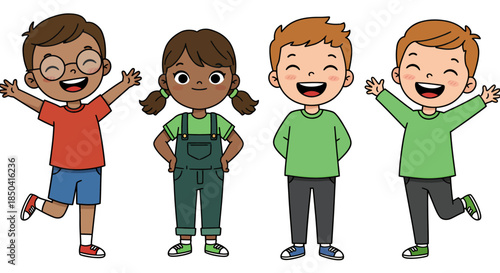 A vibrant vector illustration captures the joy of happy children on Children's Day, featuring a diverse group of smiling kids in colorful outfits, perfect for celebrations.