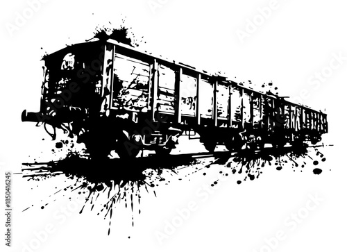 Old freight train wagon silhouette with grunge ink texture