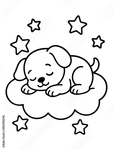 Dreamy Puppy's Slumber: An adorable cartoon puppy sleeps peacefully on a fluffy cloud under a sprinkling of twinkling stars. capturing the whimsical, imaginative world of a puppy's dreams.