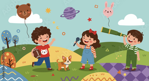 Happy children celebrate Children's Day, playing joyfully in a vibrant park with a dog, balloons, and a telescope, depicted in a charming flat vector illustration style.