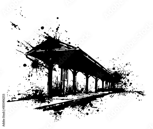 Perspective view of train station platform shelter with black grunge ink effects