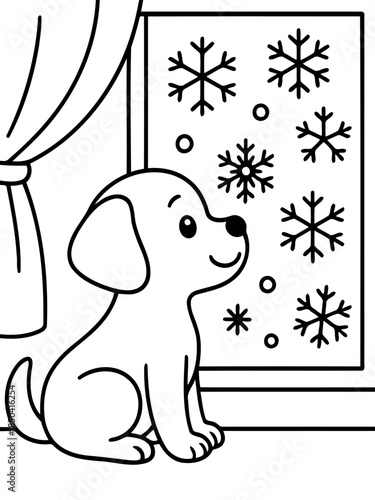 Snowflake Pup's Winter Wish: A heartwarming illustration shows a cute puppy gazing out of a window at falling snowflakes, capturing the innocence of winter.