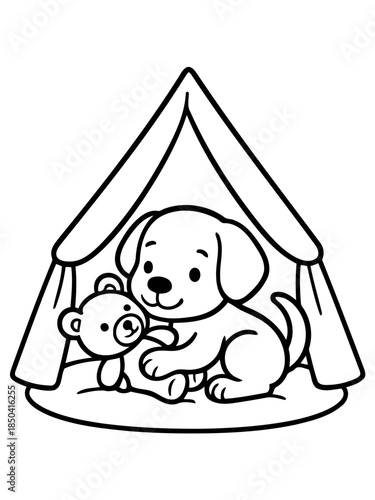 Puppy and Teddy in Tent: An adorable puppy cuddles with his teddy bear inside a playful tent, creating a scene of cozy companionship and childhood joy.