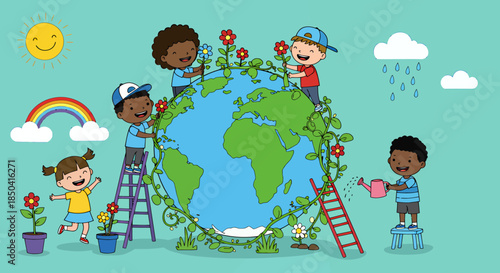 A vibrant vector illustration depicts happy children celebrating Children's Day by nurturing the Earth with flowers, symbolizing growth, sustainability, and global unity on a bright day.