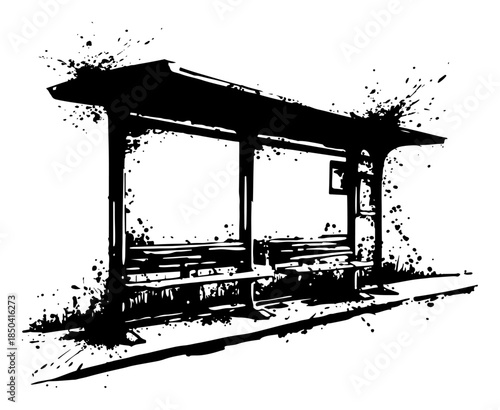 Public transport bus stop shelter with bench in black ink grunge style