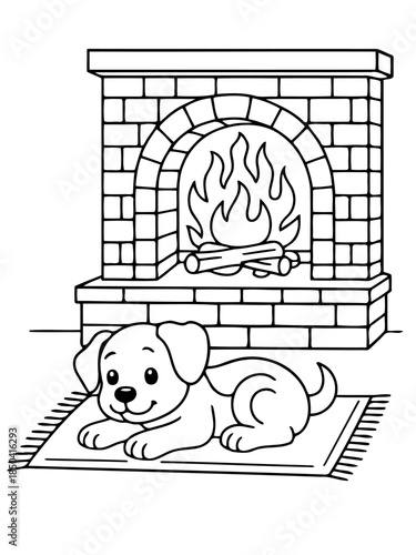 Cozy Fireside Scene: A cheerful puppy lounges comfortably on a rug before a warm brick fireplace, its gaze locked on the dancing flames within.