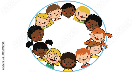 Vibrant vector illustration featuring a happy and diverse group of smiling children peeking from a circular border, perfect for Children's Day celebrations.