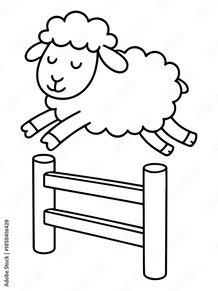 Obraz premium Playful Sheep Jumping: A cheerful illustration of a fluffy sheep leaps over a wooden fence, embodying the joy of childhood and the innocence of nature.