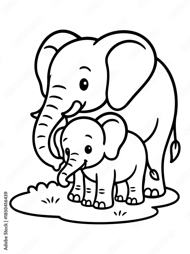 Fototapeta premium Elephant Family: A heartwarming monochrome illustration capturing the intimate bond of a mother elephant and her calf, standing side-by-side, radiating warmth and affection.