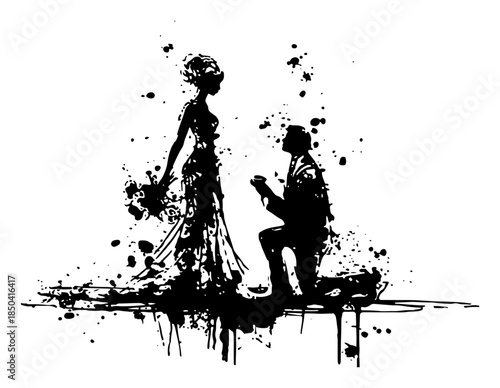 Silhouette of man proposing to woman with messy black grunge ink splatters