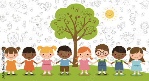 A cheerful vector illustration depicts a diverse group of children holding hands in front of a tree, perfect for celebrating a happy children’s day with bright, playful designs.