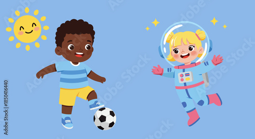 This vibrant vector illustration depicts diverse happy children celebrating their special day, with a boy playing soccer and a girl dreaming of space exploration.