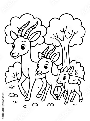Gazelle Family's Simple Embrace: A heartwarming illustration shows three gazelles in a playful tableau, surrounded by trees, embodying family bond and simplicity.