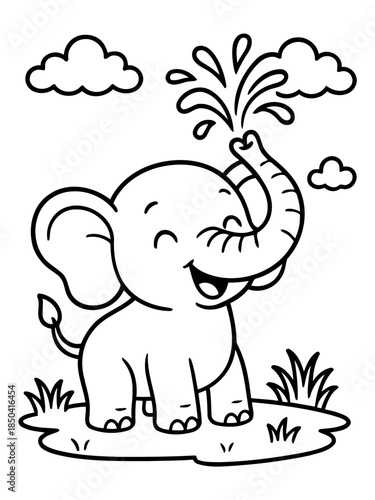 Joyful Elephant's Playtime: A cheerful cartoon elephant delights in splashing water, embodying the simple pleasures of a sunny day with whimsical clouds as backdrop.