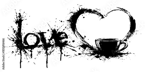 Coffee cup with heart shaped steam and love text in grunge ink style