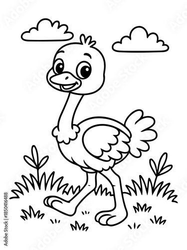 Cheerful Ostrich in the Field: An illustration of a happy ostrich strolling through a field of grass. A pair of clouds drift lazily overhead, framing the scene.