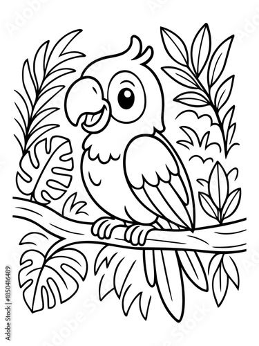 Colorful Parrot in the Jungle: A delightful cartoon parrot perches on a branch surrounded by lush tropical foliage, inviting viewers into a world of vibrant color and jungle adventure.